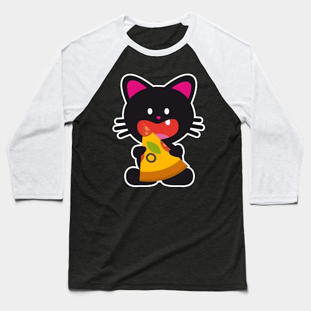 One Tooth Black Cat with Pizza Food Baseball T-Shirt by HappyGiftArt